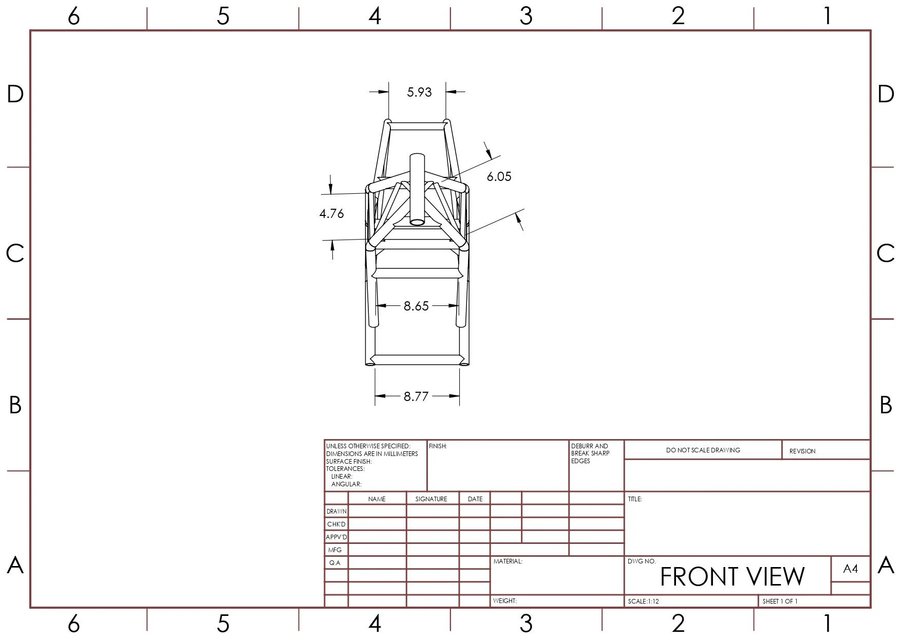 2D dimensioned drawing of chassis frame